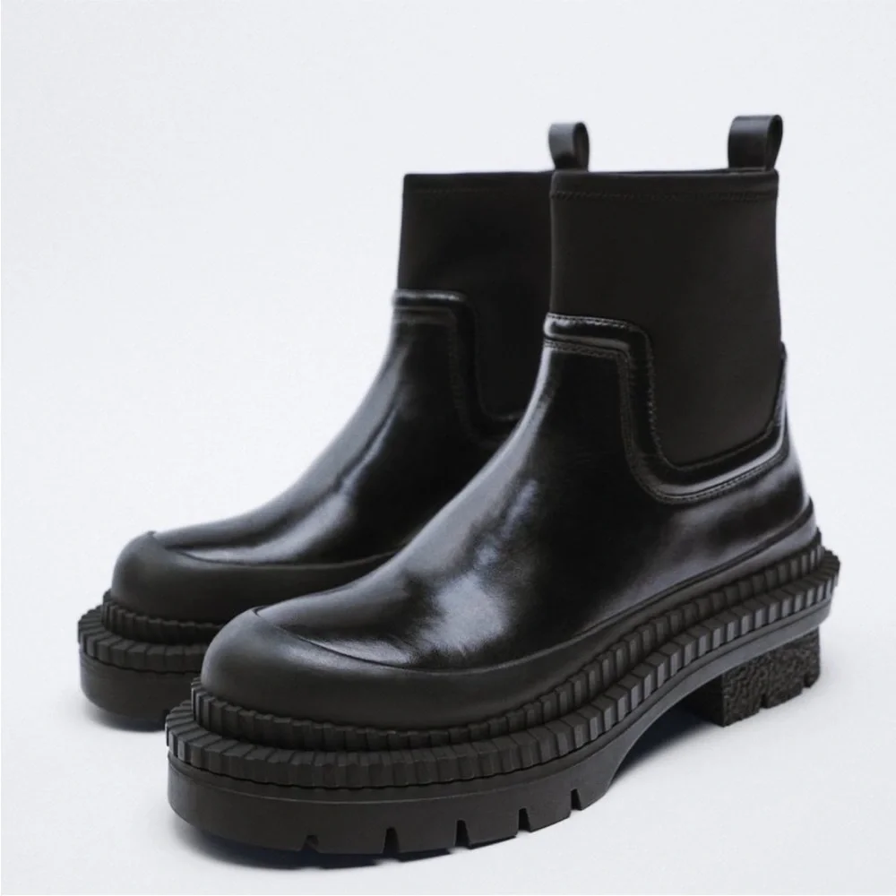 Zara Black Chunky Combat / Moto Ankle Boots 38